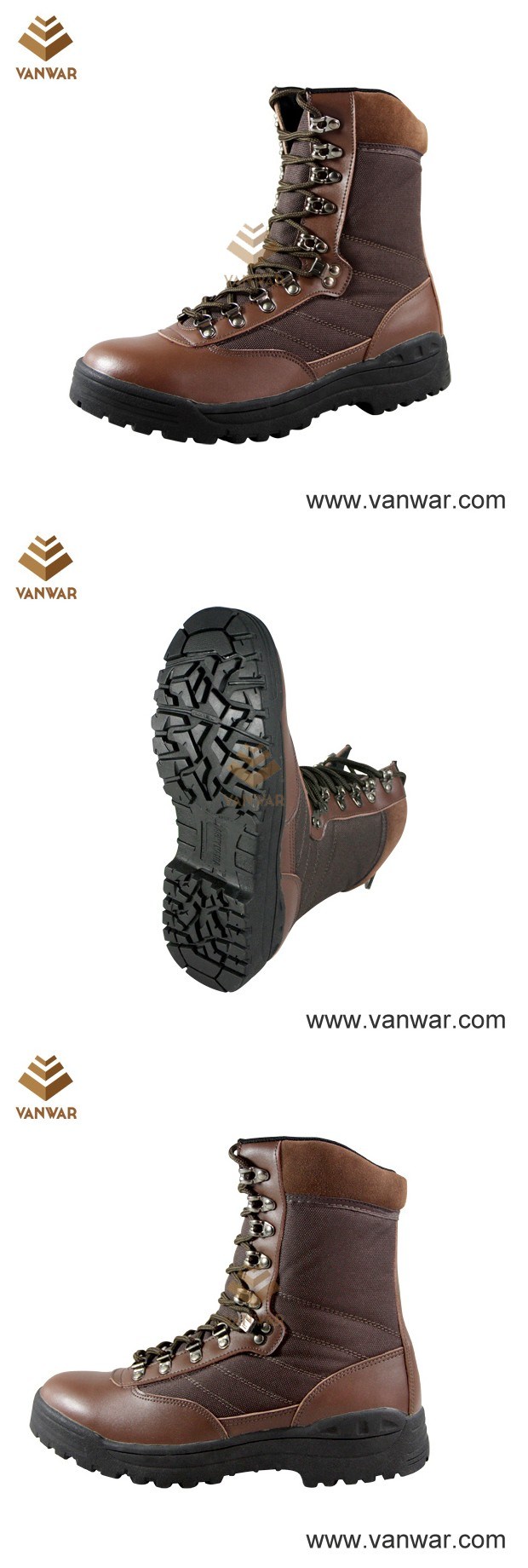 Unisex Brown Military Combat Boots of Leather and Fabric (WCB018)