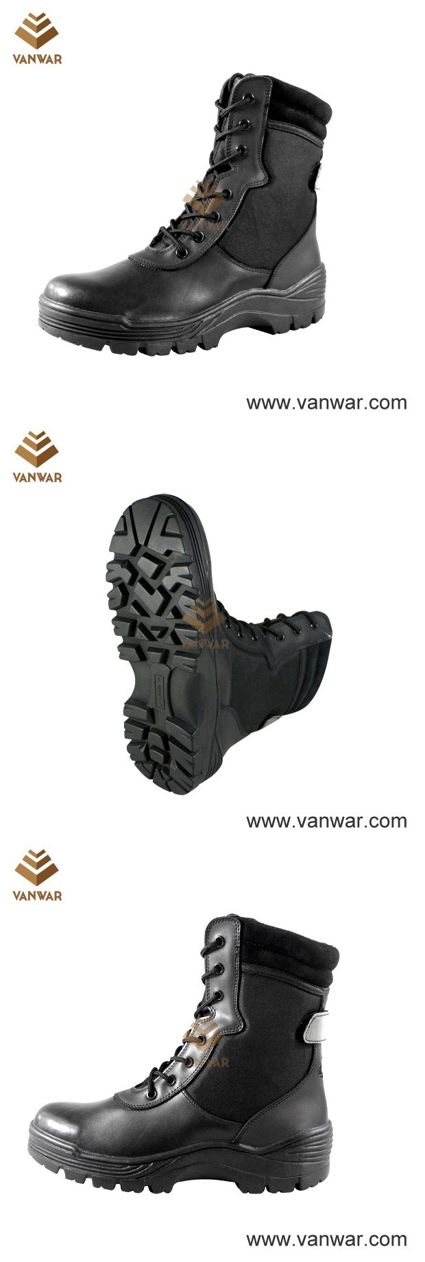 Black Leather Military Combat Boots with Slip-Resistant Rubber Outsole (WCB014)